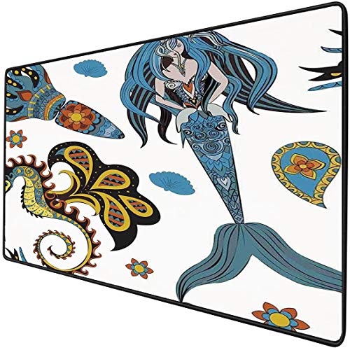 Preisvergleich Produktbild Mauspad-Spielfunktion Meerjungfrau Dicke wasserdichte Desktop-Mausmatte Künstlerische ozeanische Zahlen Seepferdchen und Calmar-Muster-Zeichnungseffekt,hellblaue gelbe Orange rutschfeste Gummibasis