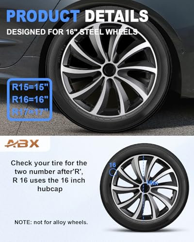 Image of ABX Hubcap Wheel Covers Hub Caps 16 Inch Set of 4 Black & Silver Universal Wheel Rim Cover R16 Stylish Car Decor Wheel Covers for Toyota Camry Nissan Mazda (Black&Silver, 16 inch)