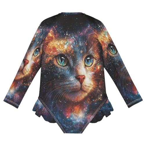 CaTaKu Girls One Piece Swimsuit Cat Galaxy Toddler Bathing Suit Long Sleeve UPF 50+ Rash Guard Swimwear 3-12Y2