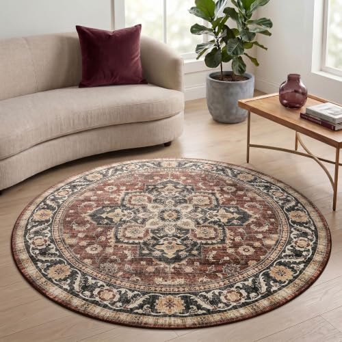 Homaxy Vintage Teppich Wohnzimmer Waschbarer 120 cm Rund, Retro Rot/Braun