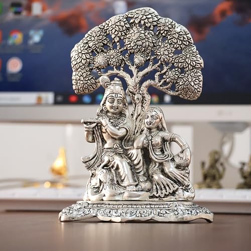 Image of KridayKraft Metal Radha Krishna Idol with Under Tree Decorative Showpiece Statue for Puja Room Home Office Desk Gift Items Ornate Metal Sculpture of Hindu Deities, 18 cm Height Silver
