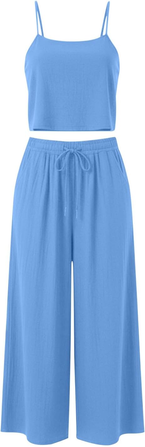 Women's Business Set Cami Baggy Tops Wide Leg Flowy Loose Pants with Pockets Trendy Casual Vacation Suit