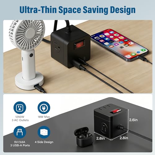 Extensión ultra delgada con enchufe plano y protección IPX4, cubo multitoma con 6 tomas eléctricas, 3 puertos USB-A, 1500W, 1.22 m, montable en pared para interior y exterior, certificación ETL, marca Veeloon miniatura 4