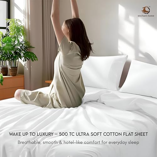 Image of 500 TC Pure Cotton King Size Flat Bedsheet (108 x 108 Inches) | Premium Percale Weave | Soft, Breathable and Durable | Plain Solid Bed Sheet Only (No Pillow Covers) - White