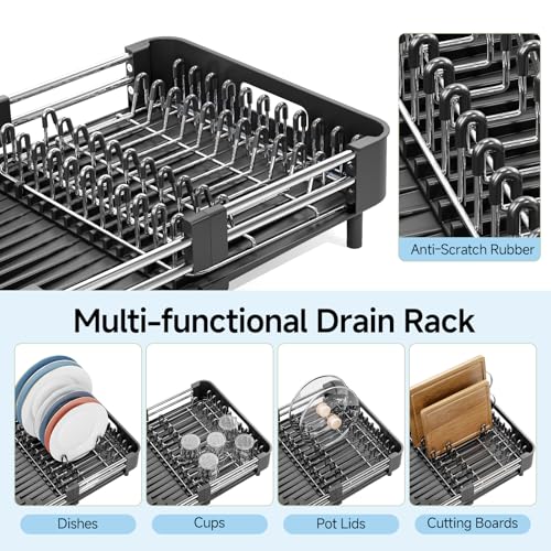 KINGRACK Escurridor de Platos, Escurreplatos Extensible, Escurridor de Platos Acero Inoxidable con Portautensilios Extraíble, Escurreplatos sobre Fregadero con Caño de Drenaje, Negro - imagen 5