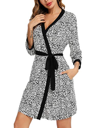 Womens Robes, Lightweight Robes for Women with 3/4 Sleeves Knit Bathrobe Soft Sleepwear Ladies Loungewear Black Leopard XL