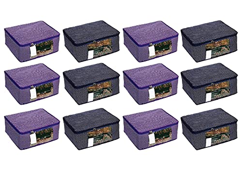 Image of Saree| Saree Cover|Cotton Saree Cover Closet Orgnizer /Saree Bags for Wardrobe Orgnizer Clothe Covers |Sari Organizer|Saree Organizer Wardrobe (Pack of 12, Blue + Purple)