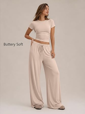 Trendy Queen Women's 2 Piece Matching Summer Lounge Set with Pockets | Vacation Airport Travel Outfits, Workout Gym Clothing Comfy Athleisure Clothes, Side-ruched Top, Drawstring Wide Leg Pants