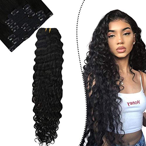 Ugeat 16inch Clip in Double Weft Hair Extensions Brazilian Hair Off Black 7PCS 120Gram Deep Wave Clip in Real Human Hair Extensions Full Head