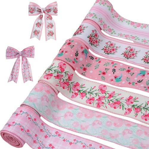 Pink Floral Wired Ribbon 6 Rolls 30 Yards Vintage Floral Ribbons 2.5 Inch Burlap Fabric Ribbons Spring Summer Ribbons for Gift Wrapping Crafts Bouquet Wreath Bow Making Holiday Party Decor