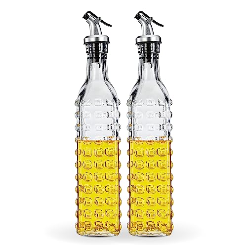 Amazon Brand – Solimo Oil Dispenser with Spout; Leak-proof, Dust-proof, Messy-pour-free, Silica Glass, Dotted Design, Set of 2, 500 ml (Transparent)