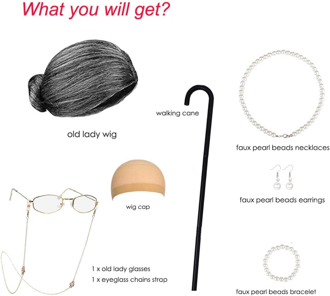 Old Lady Costume for Kids Women Grandma Wig Kids Old Lady Wig and Glasses, Granny Wig Old People Walking Cane, Faux Pearl Bead Necklace Grandma Costume for 100 Days of School Costume Parties - Image 2