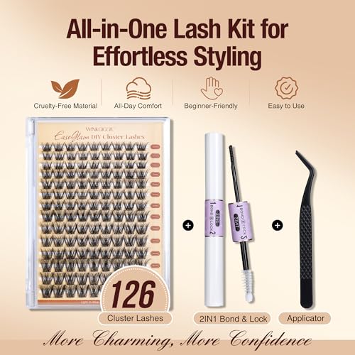 Image of Lash Extension Kit Lash Clusters D Curl, 10-16mm | Individual Cluster Lashes Kit, Including Bond and Seal Tweezers, 126pcs