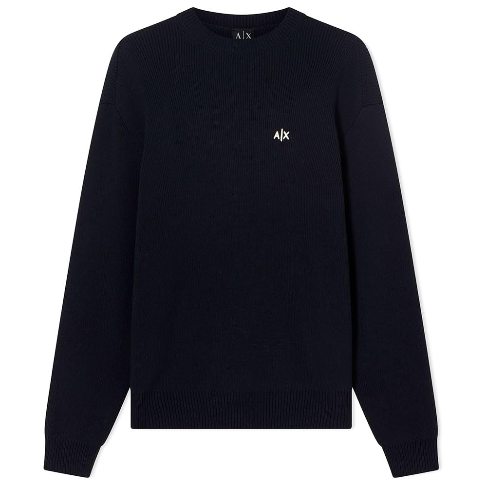 Armani Exchange Men's 3D Embroidered Front Logo, Genuine Cotton,Pullover Sweater,Blue,M