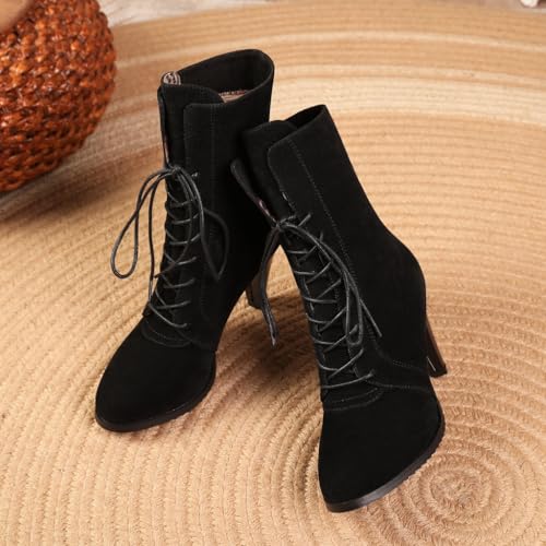 Women's Round Toe Dressy Ankle Boots Lace Up Suede Comfort Kitten Heel Winter Elegant Short Booties3