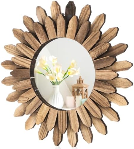 EorbowWall Mirror Decorative, 12 inch Rustic Wood Boho Mirror, Clear Sunburst Mirror for Home Farmhouse Bedroom Entryway Decor House Warming Gifts New Home, No Distortion