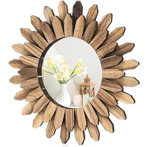 Wall Mirror Decorative, 12 inch Rustic Wood Boho Mirror, Clear Sunburst Mirror for Home Farmhouse Bedroom Entryway Decor House Warming Gifts New Home, No Distortion