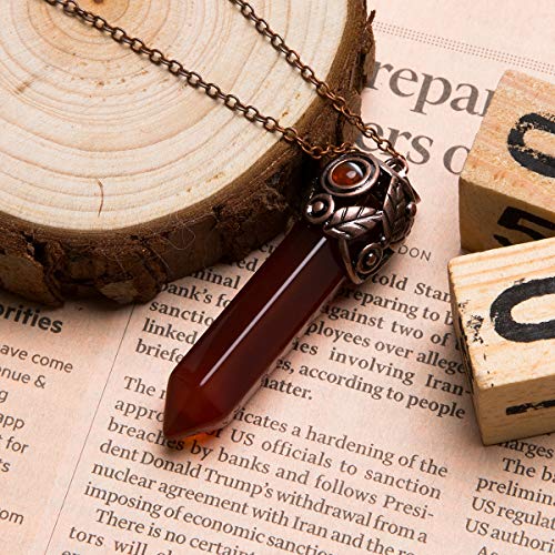 Bivei Crystal Necklace Chakra Retro Antique Brass Hexagonal Prism Gemstone Quartz Stone Healing Pendant(Red Agate) #TOP4