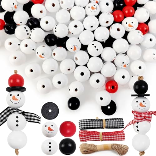 RONYOUNG 200PCS Christmas Snowman Wooden Bead Winter Wooden Bead Christmas Buffalo Plaid Wood Round Print Beads with DIY Twine Scarf for Crafts