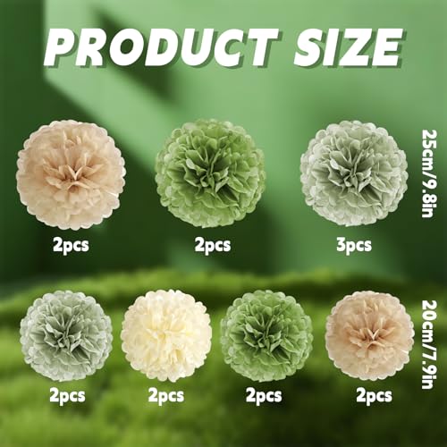 Image of Olive Sage Green Tissue Paper Pom Poms Safari Jungle Party Decorations Paper Flowers Decorations Natural Green Boho Hanging Decor for Birthday Baby Shower Bridal Wedding Party Supplies