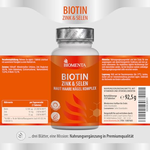 BIOMENTA Biotin + Zink + Selen - Haut + Haare + Nägel Komplex - 12.500 mcg Vitamin B7 / Stck. - 370 Biotin Tabletten hochdosiert + vegan - Premiumqualität