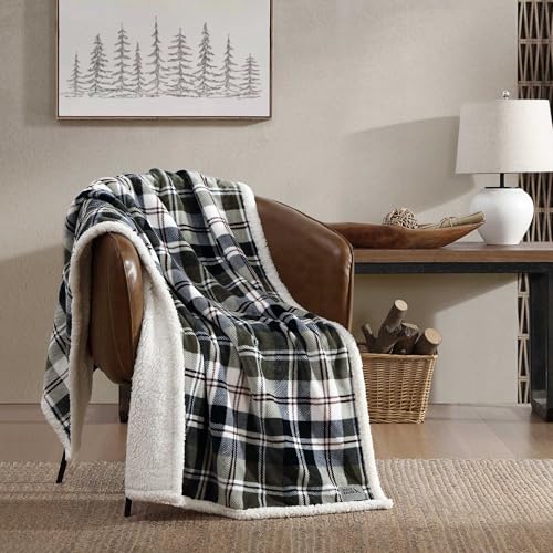 Image of Eddie Bauer - Throw Blanket, Ultra-Soft Plush Bedding with Faux Shearling Reverse, Throw Blanket for Couch & Bed (Trailhead Plaid Green, 50 inch x 60 inch)