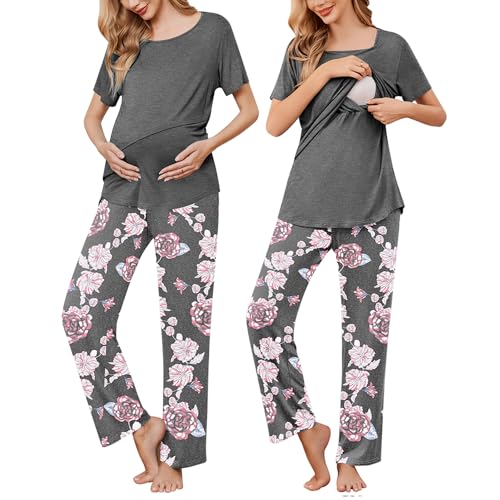 Image of Ekouaer Women's Nursing Pajamas Maternity Pajama Postpartum PJS Breastfeeding Short Sleeve Top & Pants Sets with Pockets