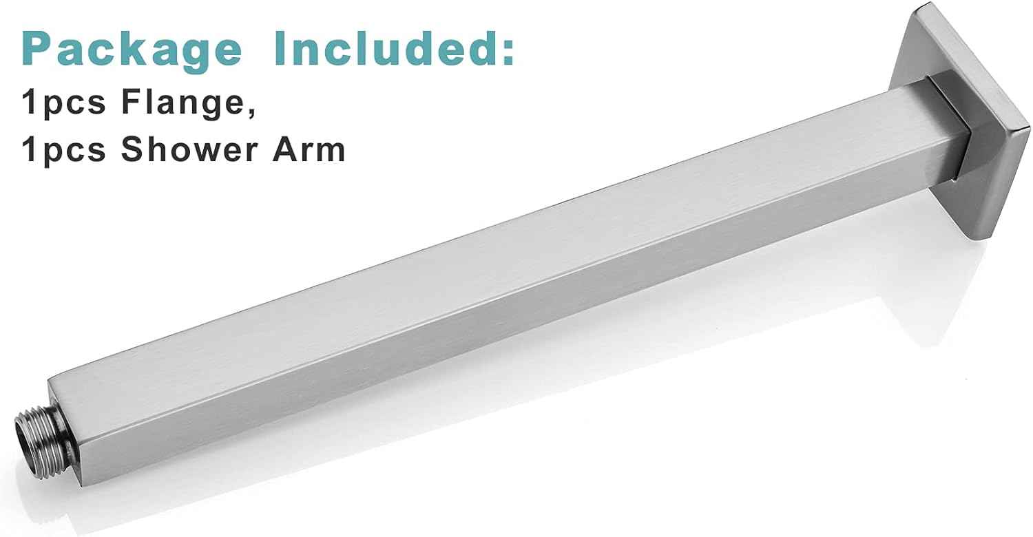 BESTILL 12 Inch Brushed Nickel Ceiling Mount Shower Arm and Flange, Square Rain Shower Head Arm