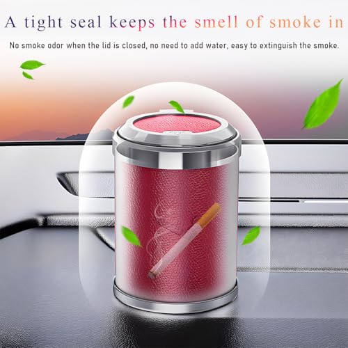 Image of Wevdn Car Ashtray with Lid, Detachable & Portable Stainless Steel Smokeless Ashtrays for Car, Mini Universal Smell Proof Windproof Car Ashtray with LED Blue Light, Car Accessories (Red)