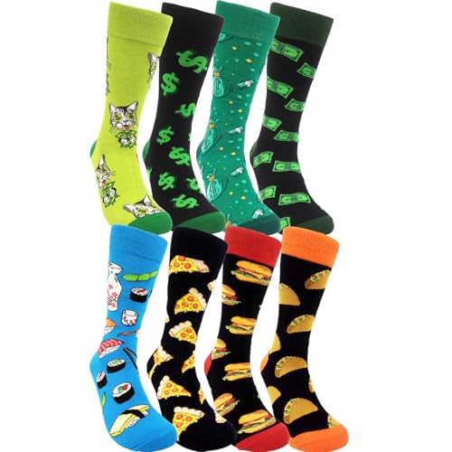 HSELL Mens Funny Dress Socks wiht Food & Dollar Pattern 8-Pack Crazy Design Novelty Breathable Cotton Socks for Daily Wear
