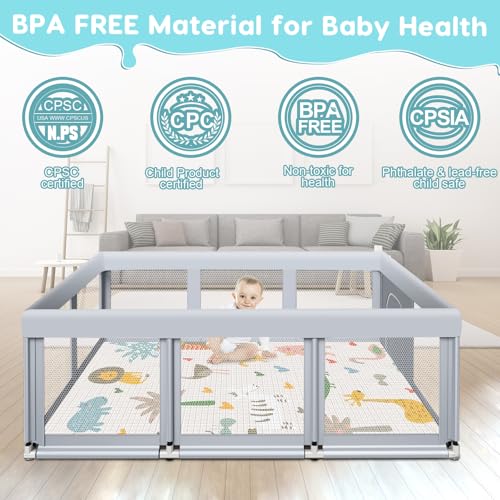 Image of Fshibila 74 inch x50 inch Large Baby Playpen, Baby Playard for Babies and Toddlers, Play Pens for Indoor & Outdoor, Sturdy Safety Play Yard with Soft Breathable Mesh, Anti-Fall, Grey (with MAT)