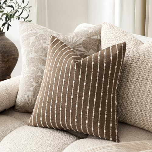 Image of Foindtower Pack of 2 Decorative Jacquard Boucle Throw Pillow Covers Accent Textured Striped Pillowcases Cozy Modern Cushion for Couch Sofa Bedroom Living Room Home Decor 18x18 Inch Brown