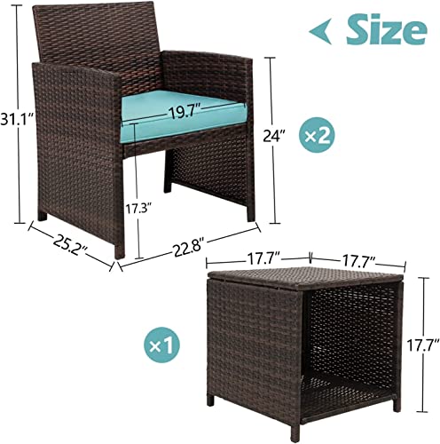 Patio Furniture 3 Pieces Conversation Sets Outdoor Wicker Rattan Chairs Garden Backyard Balcony Porch Poolside Loveseat With Soft Cushion And Glass Table (Bsd-3Blue-Green) #TOP5