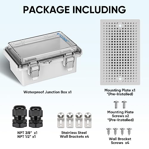 Image of TICONN Outdoor Electrical Box Waterproof, Junction Box IP67 ABS Plastic Enclosure with Hinged Cover with Mounting Plate, Wall Brackets, Cable Glands (Clear, 5.9 inchx3.9 inchx2.8 inch)