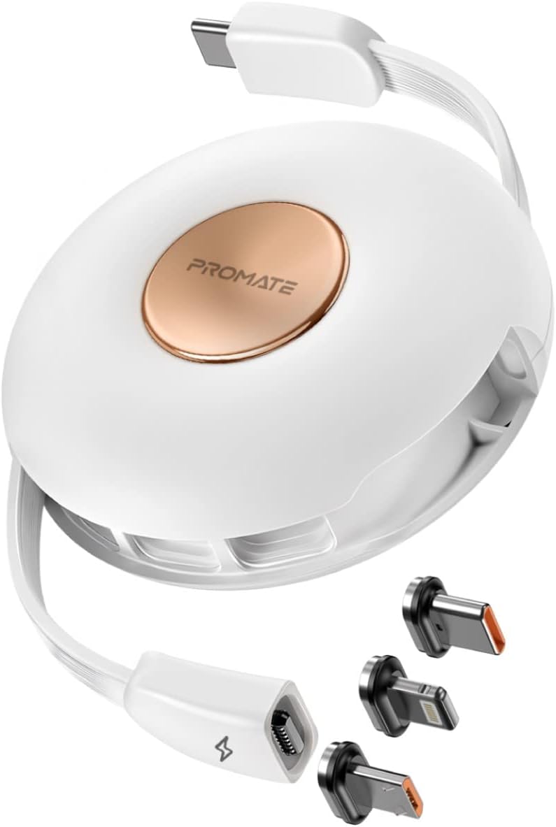 Promate Magnetic Charging Cable, 3-in-1 Retractable USB-C™ Charging Cable with 60W USB-C™ Power Delivery, 18W Micro-USB, 20W Lightning Power Delivery and Sync Charge Cord for iPhone 13, Quiver White