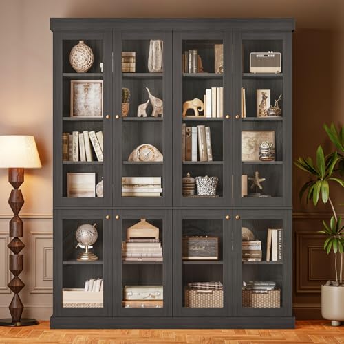 Image of ivaniti 70.8 inch Bookshelf with Glass Doors, Farmhouse Modular Bookcase with 6-Tier Adjustable Shelves, Large Storage Cabinet for Living Room & Home Office, Set of 2, Black