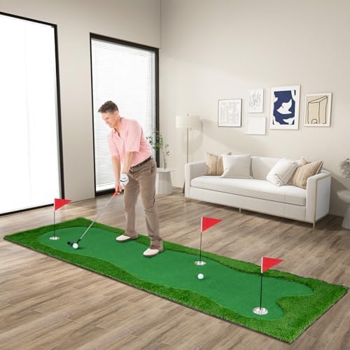 300 x 100cm Golf Übungsmatte, Golfmatte mit Kunstrasen, 2 Bälle, 3 Löcher, 3 Fahnen & Putting Cups, Puttingmatte faltbar für Indoor & Outdoor, Putting Green Golf Trainingsmatte für Zuhause