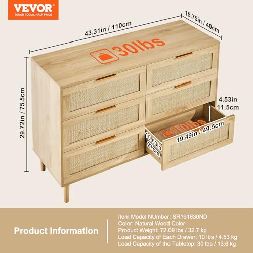 VEVOR 6 Drawer Rattan Dresser, Boho Dresser, Rattan Chest of Drawers with Spacious Storage, Natural Rattan Dresser for Bedroom, Living Room & Hallway,Rattan Nightstand with Sturdy Handles&Legs, Brown - Image 3