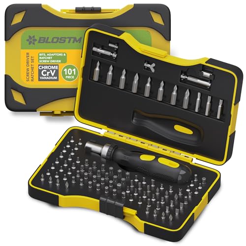 BLOSTM Juego de 101 destornilladores magnéticos de trinquete y puntas de seguridad – Multifuncional Cr-V 1/4 "Destornillador y adaptadores (Hex, Estrella, etc.) - Incluye estuche de almacenamiento