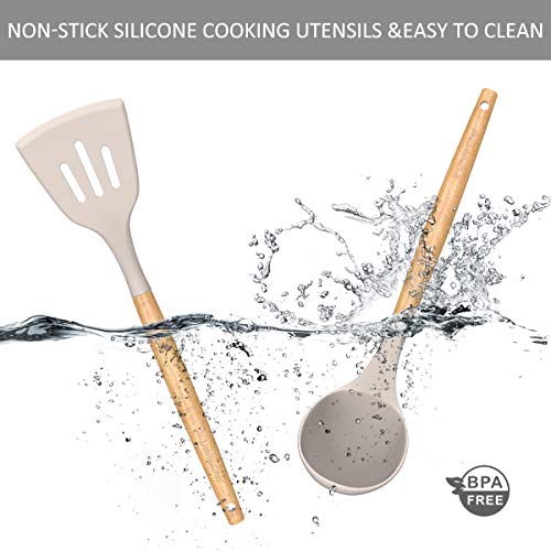 Umite Chef Kitchen Cooking Utensils Set, 33 pcs Non-Stick Silicone Cooking Kitchen Utensils Spatula Set with Holder, Wooden Handle Silicone Kitchen Gadgets Utensil Set (Khaki)