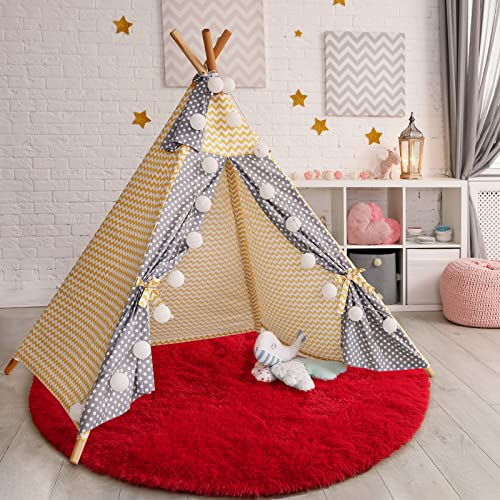 Chicrug Fluffy Cute Red Round Area Rugs For Girls Bedroom, 4X4 Feet Shaggy Circle Area Rug For Living Room, Soft Fuzzy Carpets For Princess Room, Cute Rug Kids Circular Playmats For Baby Nursery Home #TOP3