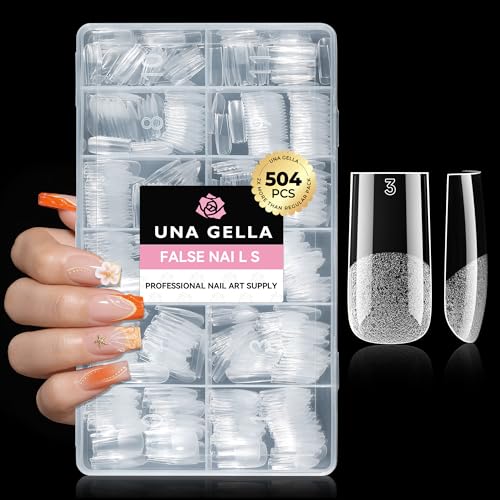 UNA GELLA Square Straight Nail Tips Medium 504PCS Pre-Etched French Style | 12 Sizes Full Cover Flexible Soft Gel, Suitable for Women Salon Use & Home DIY Press On Nail Extensions
