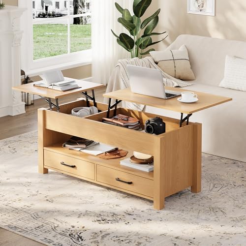 GarveeHome Coffee Table Lift Top, Convertible Coffee Table with Wooden Lift Tabletop, 2 Drawers and Hidden Compartment, Central Table with Storage for