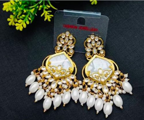 Image of Traditional 20K Gold Plated Kundan Chandbali Earrings with Black Beads and Faux Pearls for Women - Ethnic Wedding & Partyy Wear Statement Jewelry