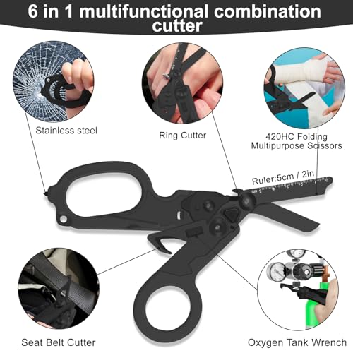 Image of 6 in 1 Multifunctional Combination Tool, Folding Retractable Emergency Shears, Outdoor Camping Tools, Seat Belt Cutter, Oxygen Cylinder Wrench, Complimentary Adjustable Wrench (Electroplating black)
