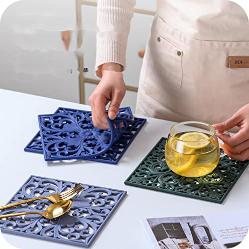 Silicone Trivets Mats-Trivets For Hot Dishes, Table, Countertop, Non-Slip Heat Resistant Modern Kitchen Trivets,Teapot Trivet - Flexible Trivet Square, Hot Pads For Pots & Pans Of 3 Blue #TOP7