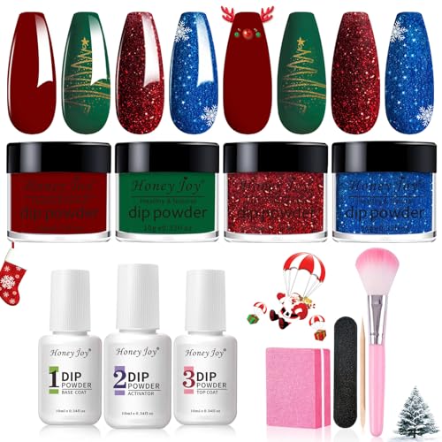Honey Joy Dip Powder Nail Kit Starter, 4 Colors Christmas Glitter Red Green Blue Dipping Powder Liquid Set with Base Top Coat for Nail Art Manicure Sa