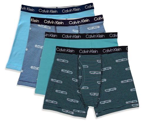 Calvin Klein Boys Modern Cotton Boxer Brief Underwear 4-Pack, Seafoam/Blue/Striped Print, X-Small