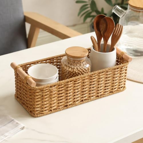 Cesta almacenamiento tejida artesanal con acabado rectangular premium 5