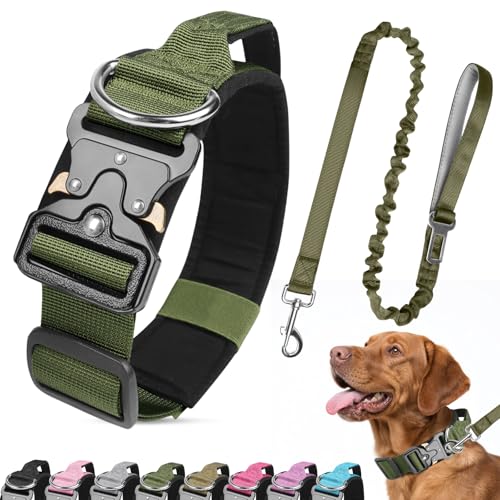 Ledeak Set di Collare e Guinzaglio per Cani, Collare Imbottito Regolabile con Fibbia in Metallo, Collare Tattico, Collari Militare in Nylon per Cani di Taglia Media e Grande Addestramento (Verde, L)